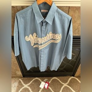 Valentino men’s blue white reflective camp button up shirt size 50